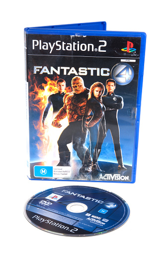 Adelaide, Australia - October 06, 2015: A Playstation 2 Fantastic 4 Game isolated on a white background. The Playstation 2 console was released in 2000 by Sony and went on to become the best selling games console in history. It has now been superseeded however the games and consoles are becoming highly sought after collectables.