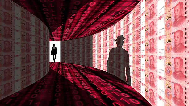 A silhouette of a hacker with a black hat in a suit enters a hallway with walls textured with Chinese RMB bills 3D illustration cybersecurity concept