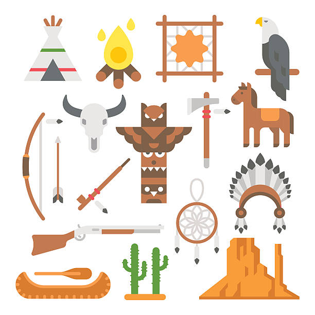 плоский дизайн коренных американцев набор элементов - tribal art eagle indigenous culture art stock illustrations