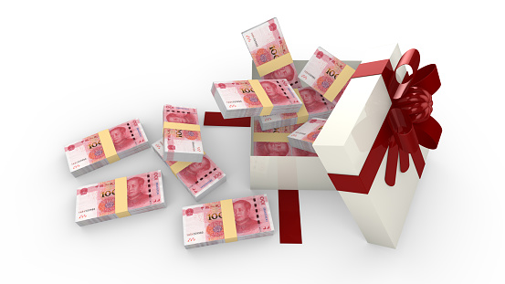 Gift box filled with new Chinese RMB isolated on white 3D illustration
