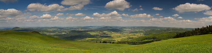 Panorama of the Rhoen low mountain range as seen from the top of Wasserkuppe, Hessen, Germany