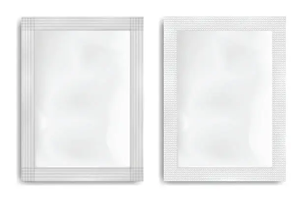 Vector illustration of White empty plastic packaging. Blank foil or plastic sachet.