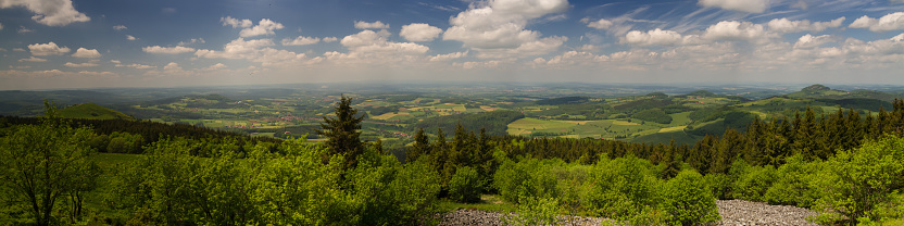 Panorama of the Rhoen low mountain range as seen from the top of Wasserkuppe, Hessen, Germany