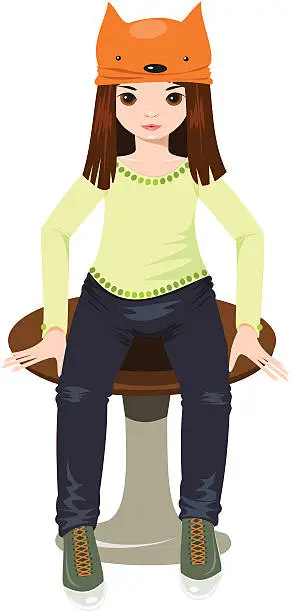 Vector illustration of Girl in jeans and hat-squirrel sits on a chair.