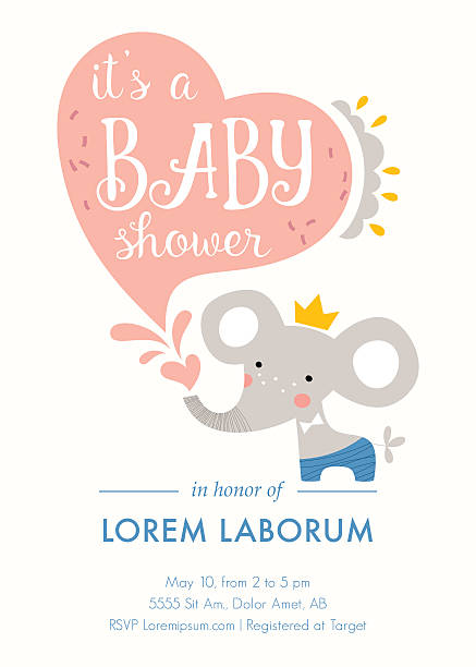 Baby Shower Elephant Card Baby shower invitation template. Card design with baby elephant, heart shape and hand lettering. Vector illustration. baby shower stock illustrations
