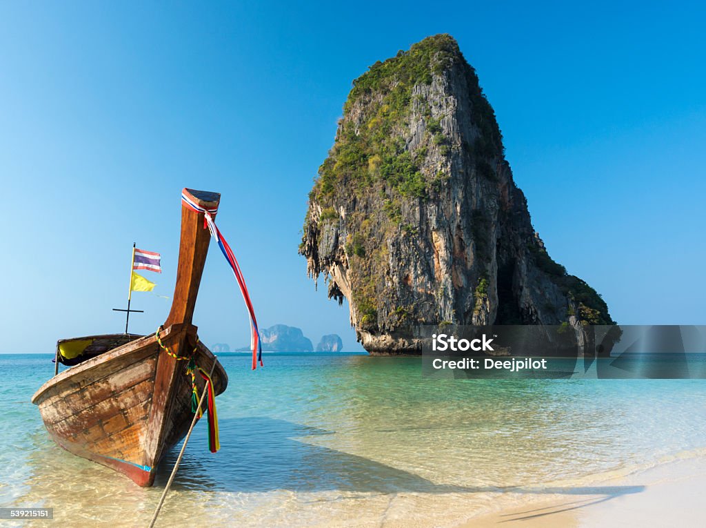 Longtail Boat on Railay Beach Thailand Longtail boat on Railay beach in Thailand. 2015 Stock Photo