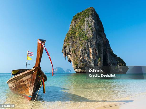 Longtail Boat On Railay Beach Thailand Stock Photo - Download Image Now - 2015, Andaman Sea, Beach