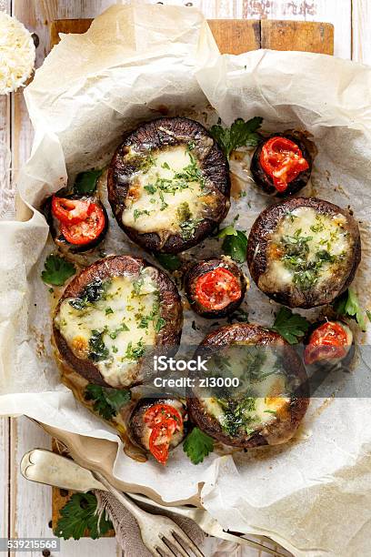 Portobello Mushrooms Stuffed With Spinach And Cheese Stock Photo - Download Image Now