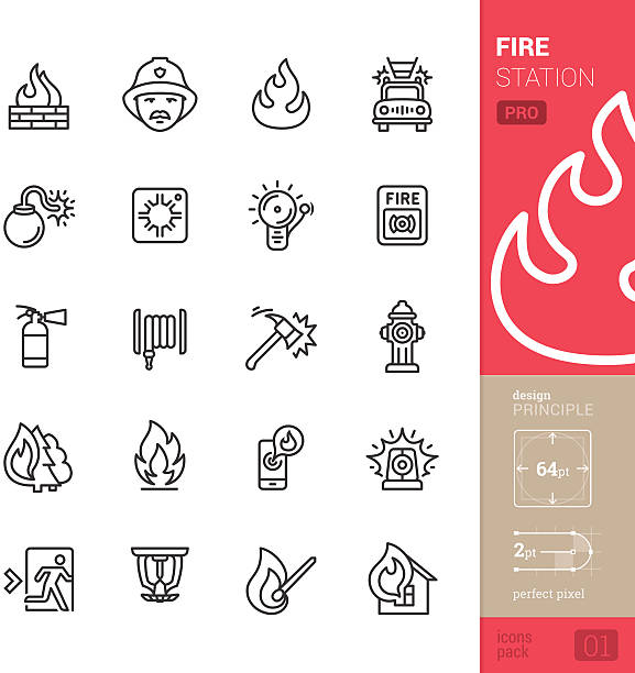 Fire station vector icons - PRO pack 20 vector and perfect pixel stroke style icons set representing a Fire Station and Fire Fighter theme.  forest fire stock illustrations