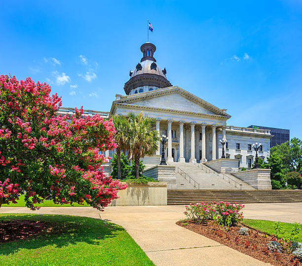 Capitol Builiding, Columbia South Carolina State House, springtime crepe myrtle Capitol Building, Columbia South Carolina State House, in the springtime with beautiful blooming crepe myrtle tree and plenty of copy space in clear blue sky. clear sky usa tree day stock pictures, royalty-free photos & images