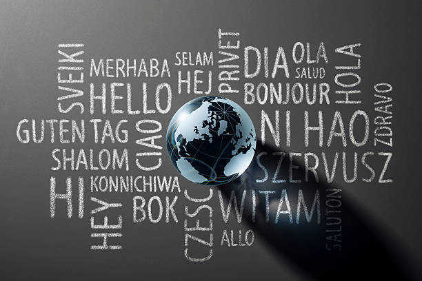 istock Hello world globe with translations on blackboard - Backgrounds Education 539216101