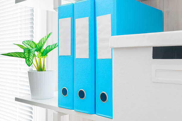 istock office shelf with folders and a flower in a pot 539216128