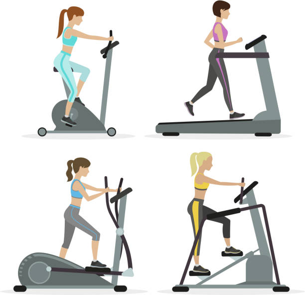 Girls with cardio equipments Set of girls with cardio equipments working out at the gym. Physical training for losing weight, reduction in fat mass. Vector. exercise bike cartoons stock illustrations