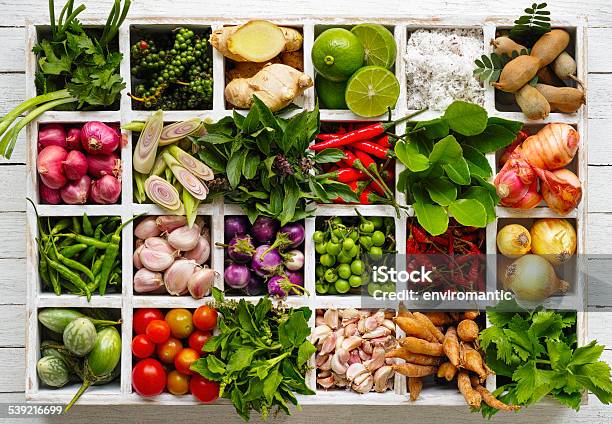 Thai Food Herbs And Spice Ingredients In A Wooden Tray Stock Photo - Download Image Now