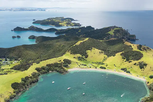 An aerial view over the Bay of Islands in New Zealand's Northland Region.