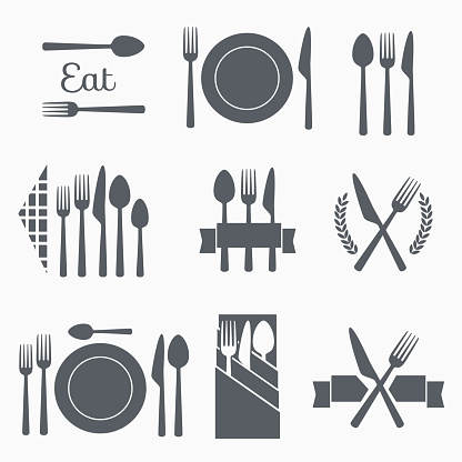 Set cutlery icon vector illustration. Black silhouette of fork, knife, spoon and plate. Table appointments. Menu