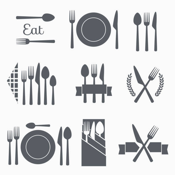 Set vector cutlery icons Set cutlery icon vector illustration. Black silhouette of fork, knife, spoon and plate. Table appointments. Menu lunch symbols stock illustrations