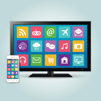 Smart TV and smartphone with app icons isolated on soft background. Vector illustration.