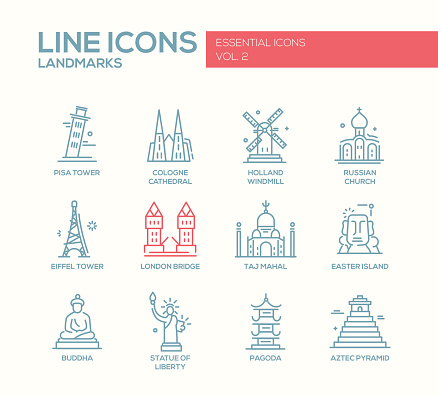 Set of modern vector plain line design icons and pictograms of world famous landmarks. London bridge, Cologne Cahedral, Holland windmill, Russian church, Eiffel tower, Pisa tower, Taj Mahal, Easter island, Buddha, Statue of Liberty, Pagoda, Aztec Pyramid