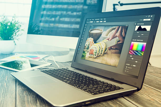 Photographers computer with photo edit programs. photographer camera editor monitor design laptop photo screen photography - stock image photo editing screen stock pictures, royalty-free photos & images