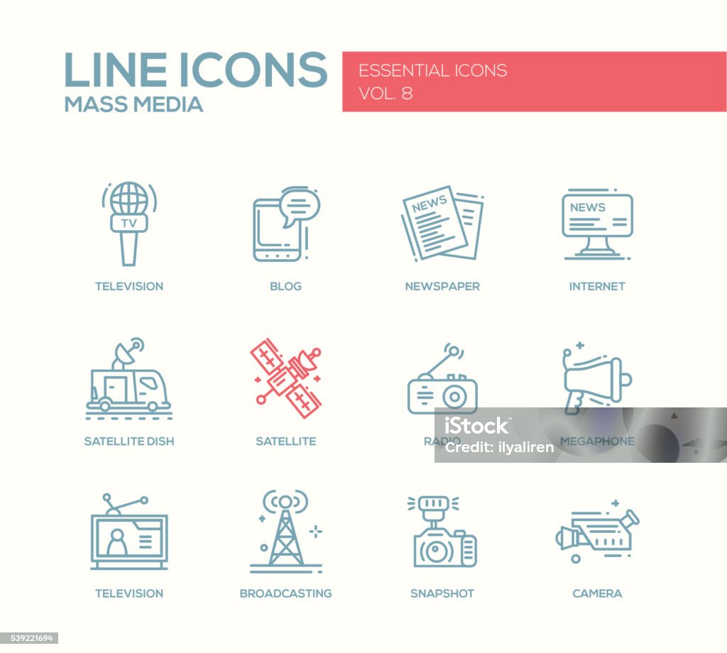 Mass Media line design icons set Set of modern vector plain simple line design mass media icons and pictograms. Tv, newspaper, blog, internet, radio satellite, megaphone, broadcasting, camera, snapshot Arts Culture and Entertainment stock vector