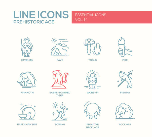 ilustrações de stock, clip art, desenhos animados e ícones de equivalente em idade pré-histórica conjunto de ícones de projeto de linha - prehistoric art