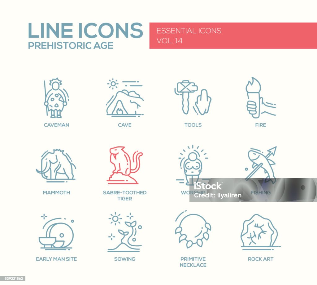 Prehistoric age- line design icons set Set of modern vector plain line design icons and pictograms of pregistoric age life. Caveman, cave, tools, fire, fire, mammoth, sabre-toothed tiger, worship, fishing, early man site, sowing, rock art Icon Symbol stock vector