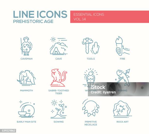 Prehistoric Age Line Design Icons Set Stock Illustration - Download Image Now - Icon Symbol, Caveman, Prehistoric Era