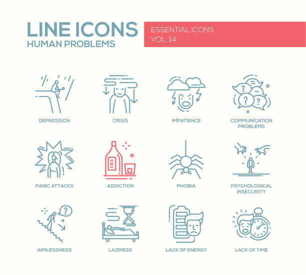 Human psychological problems- line design icons set Set of modern vector simple line design icons and pictograms of common human psychological problems. Crisis, impatience, depression, panic attacs, insecurity, phobia, addictions, aimlessness, laziness, energy, time lack impatient stock illustrations