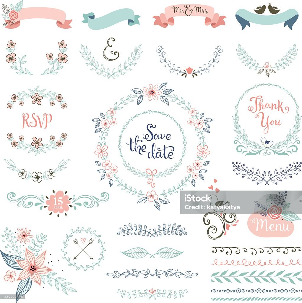 Rustic Wedding Design Set Rustic hand sketched wedding elements set. Floral doodles, leaves, branches, flowers, birds, laurels, banners and frames. Good for Save the Date cards and invitations, Wedding invitations, Thank You cards and RSVP cards. Vector illustration. Wedding Invitation stock vector