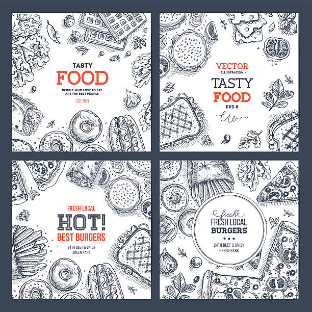Fast food banner collection . Linear graphic. Snack collection. EPS 8 meat borders stock illustrations