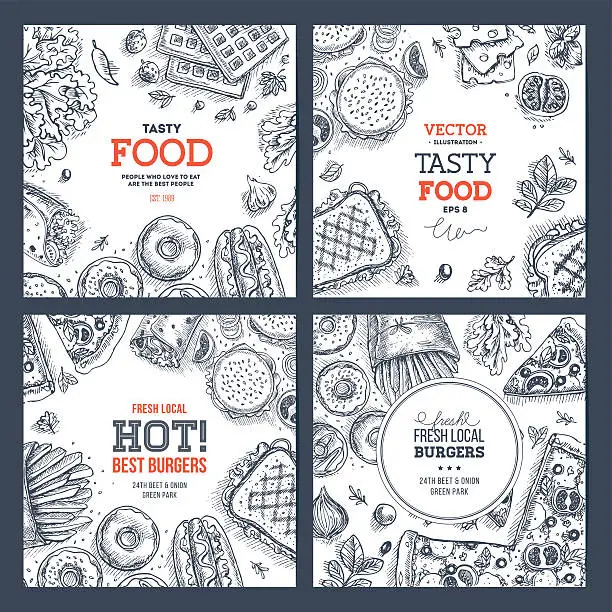 Vector illustration of Fast food banner collection . Linear graphic. Snack collection.