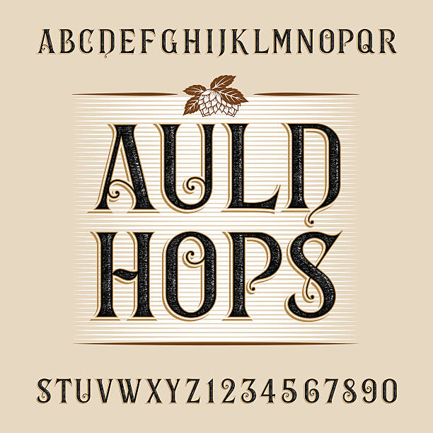 Auld hops alphabet vector font. Distressed letters and numbers. Vintage vector font for labels, headlines, posters etc.