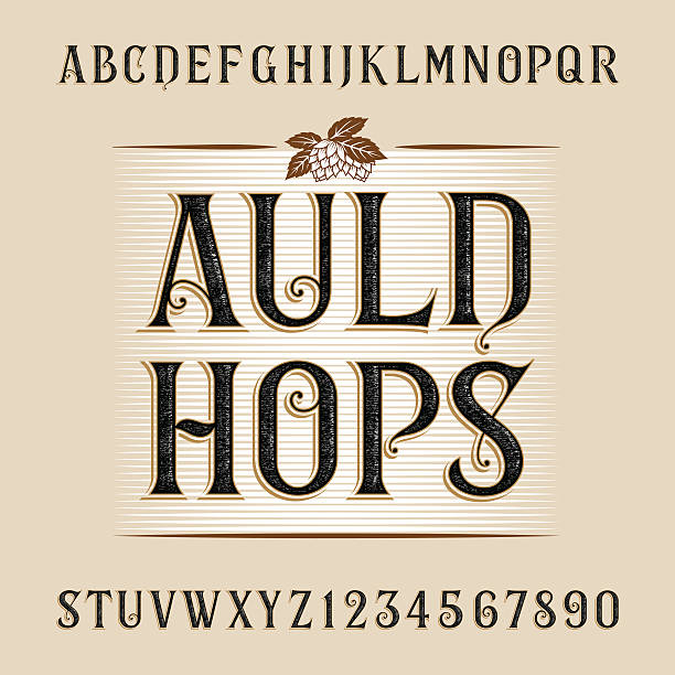 Auld hops alphabet vector font. Auld hops alphabet vector font. Distressed letters and numbers. Vintage vector font for labels, headlines, posters etc. medieval stock illustrations