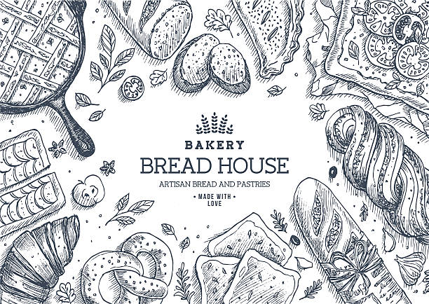 Bakery background. Linear graphic. Bread and pastry collection. Bread house. EPS 8 bread borders stock illustrations