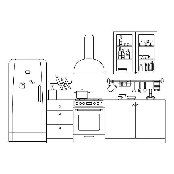 Kitchen line interior . Kitchen line interior with furniture and equipment. Vector thin illustration. cooking drawings stock illustrations