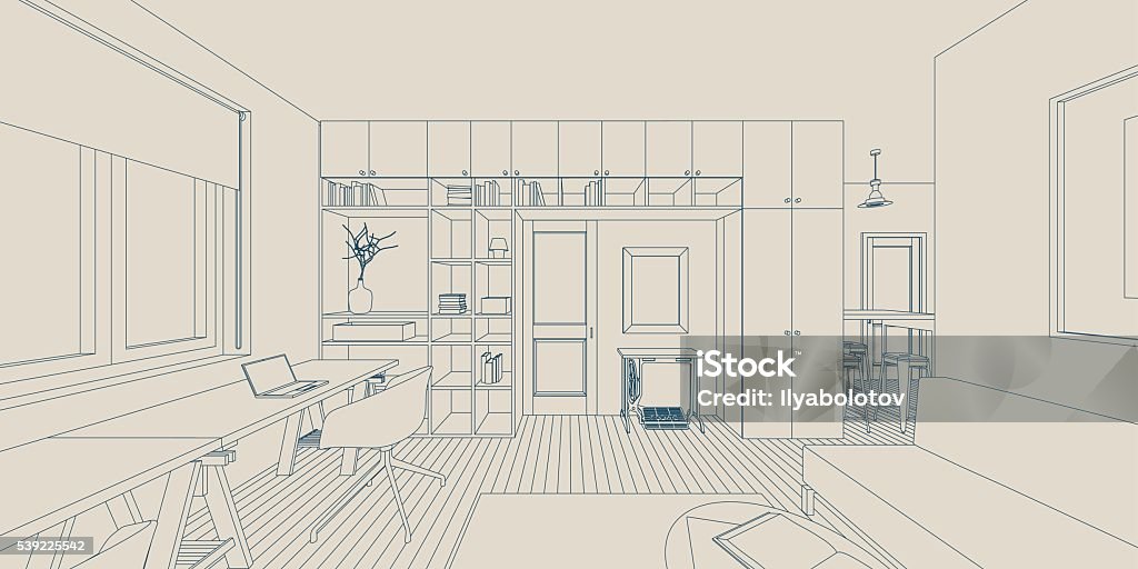 Line interior drawing Line sketch of the interior living room Domestic Room stock vector