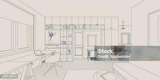 Line Interior Drawing Stock Illustration - Download Image Now - Domestic Room, Indoors, Blueprint