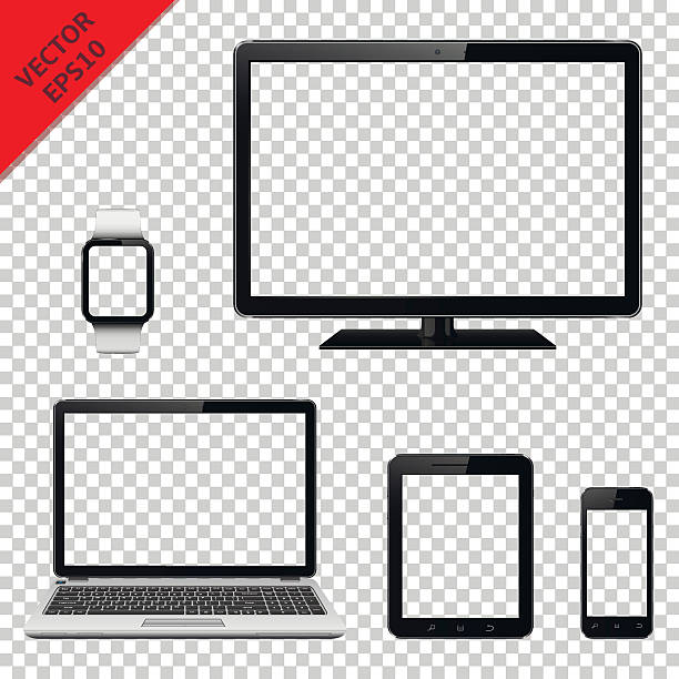 Modern digital devices with transparent screen Computer monitor, laptop, tablet pc, mobile phone and smart watch with transparent screen. Isolated on transparent background. Vector EPS10 file. netbook stock illustrations