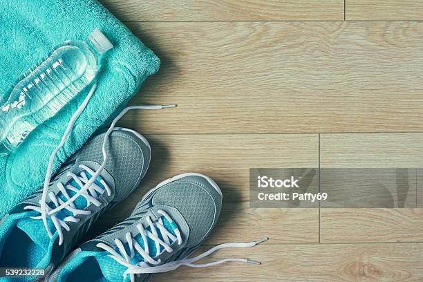 Flat Lay Photo Of Sports Equipment Stock Photo - Download Image Now - Exercising, Flat Lay, Sports Clothing