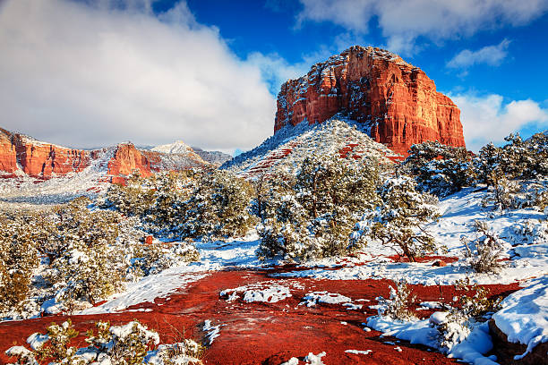 mota bajo la nieve - sedona fotografías e imágenes de stock