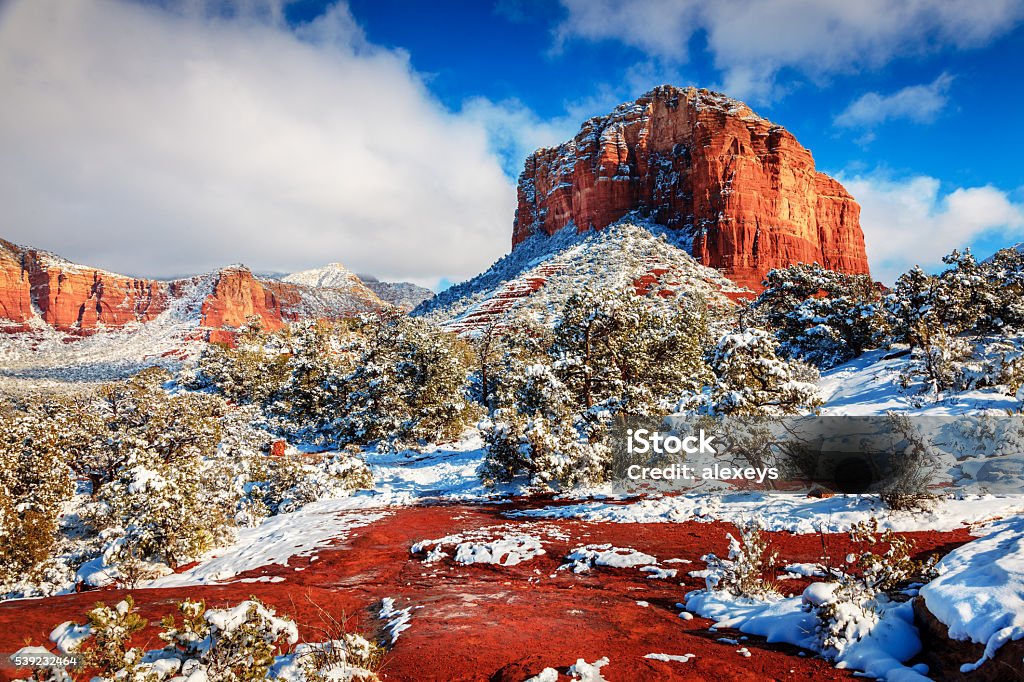 Courthouse Butte under snow Courthouse Butte in Sedona, Arizona after heavy snow storm Sedona Stock Photo