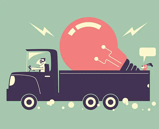 Vector illustration of Man driving a truck and delivering a great idea light bulb