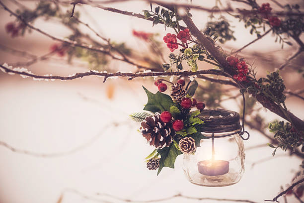 티라이트 등 초 매달기 겨울 나뭇가지 - lantern christmas snow candle 뉴스 사진 이미지