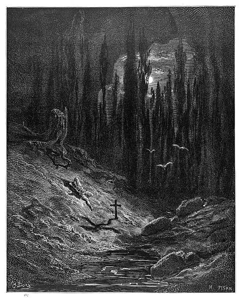 The vigil of the grave engraving 1870 The Wood of Blood in engraving by Gustave Dore. remarkable hell stock illustrations