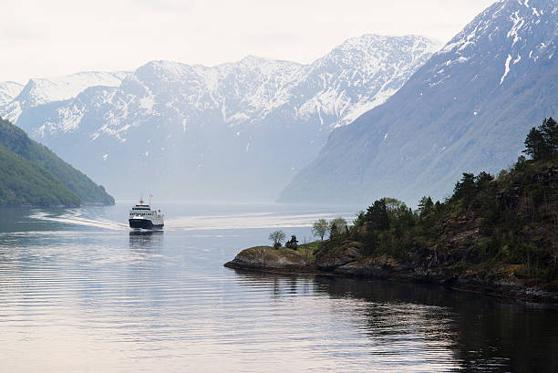 Approaching Ship on the Geirangerfjord, in the early misty morning