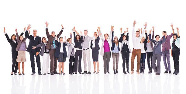 istock Group of business people with raised hands looking at camera. 539235361