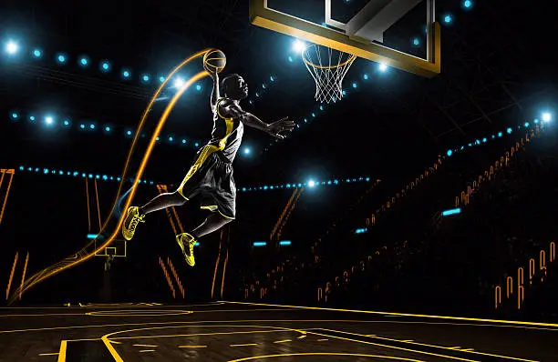 Basketball player from far future is going to make slam dunk on a indoor futuristic stadium