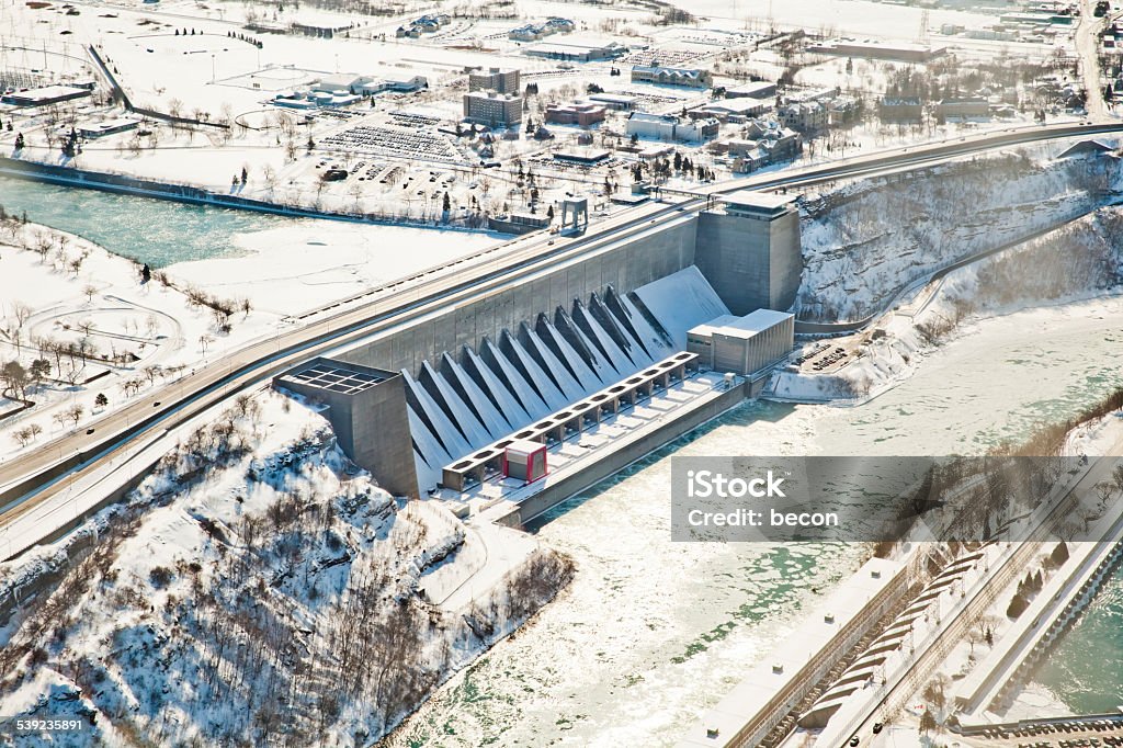 Power Station at Niagara Falls River Robert Moses Niagara Hydroelectric Power Station. Dam at Niagara Falls River Aerial View. Niagara Falls Stock Photo