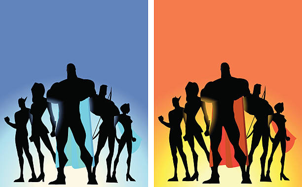 ilustrações, clipart, desenhos animados e ícones de cartaz de super-herói de equipe vetor - friendship people silhouette youth culture
